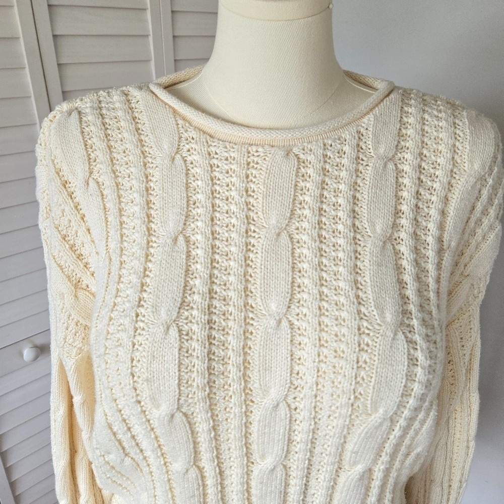 Ivory Cable Knit 100% Cotton Rolled Neck Sweater XL Preppy Fisherman Minimalist - Picture 2 of 10